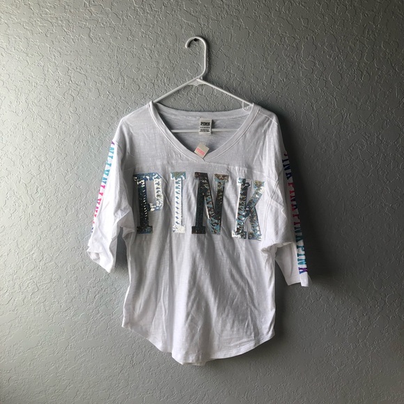 PINK Victoria's Secret Tops - White/Tie Dye, VS Pink V-Neck 3/4 Sleeve Top, XS